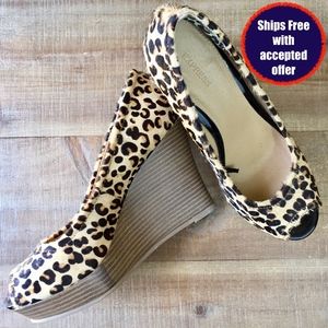 Express Leopard Calf Hair Stacked Wedges